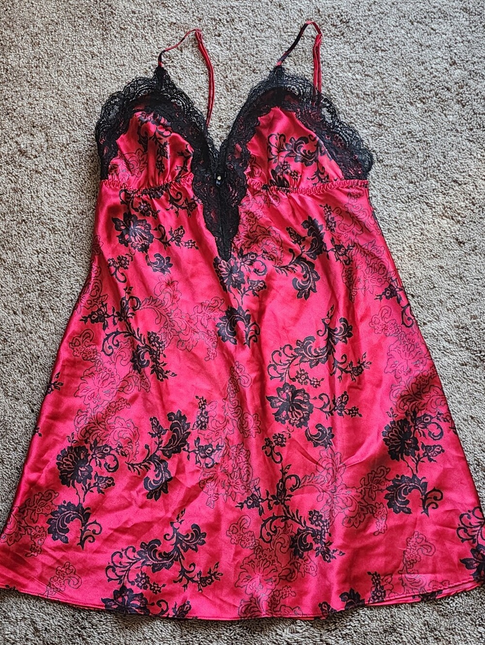 Y2K APT 9 Vintage Red With Black Lace Trim & Floral Brocade Pattern Slip Dress